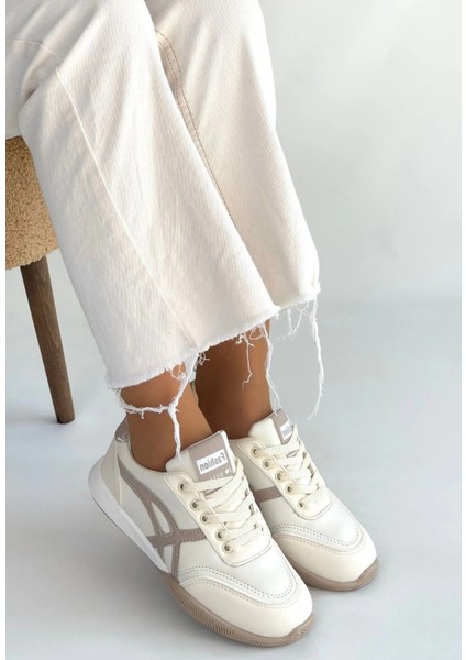 Zlay Bej Cilt Vizon Detaylı Bağcıklı Spor Ayakkabı modelleri