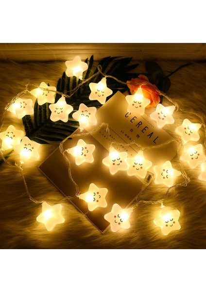 Sarı Renkli 3m Yıldız ve Yüz LED Işık Zinciri, Dekoratif ve Yılbaşı Aydınlatması