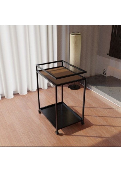 Şık Siyah Tekerli Servis ve Sunum Arabası, Pratik ve Kullanışlı Tasarım