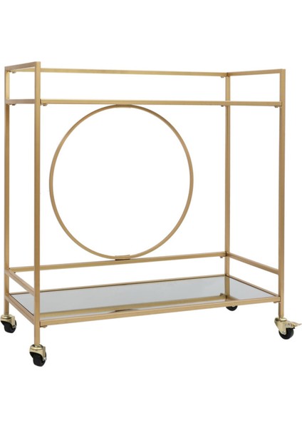 Altın Renkli Metal Şaraplık ve Sunum Arabası, Aynalı Raflı Zarif Tasarım