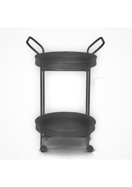 Şık Iki Katlı Yuvarlak Servis Arabası, Siyah Renkli ve Kullanışlı Tasarım