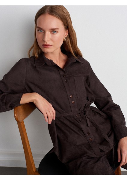50518 Kemerli Süet Gömlek-Kahve
