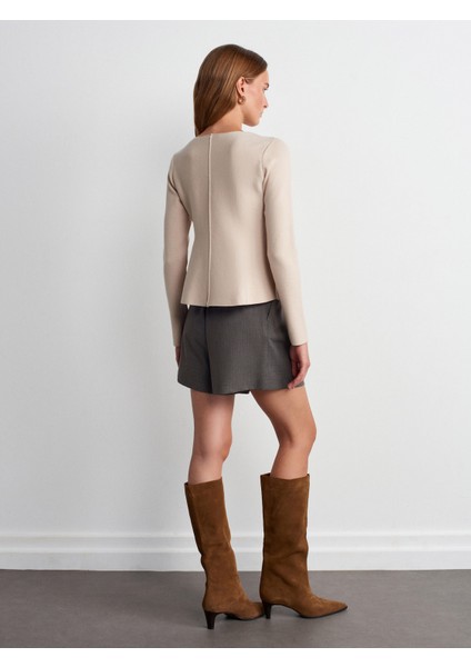 10824 Bisiklet Yaka Peplum Triko Top-Açık Bej fiyatları