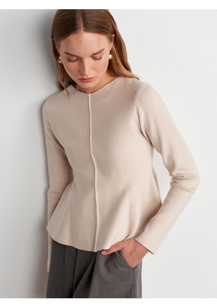 10824 Bisiklet Yaka Peplum Triko Top-Açık Bej modelleri