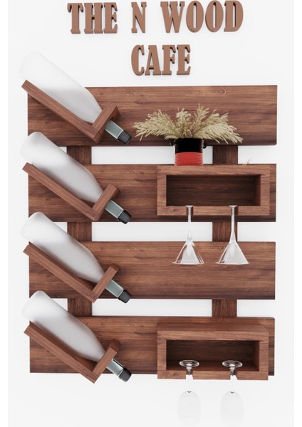 Ceviz Renkli Ahşap Duvar Şişelik ve Kadeh Rafı, Mini Bar Organizer