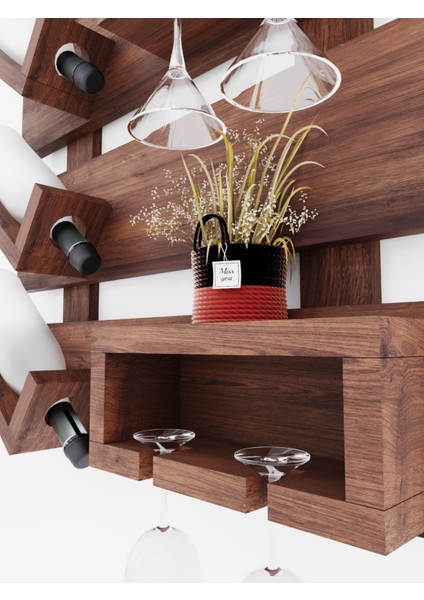 Ceviz Renkli Ahşap Duvar Şişelik ve Kadeh Rafı, Mini Bar Organizer indirimleri
