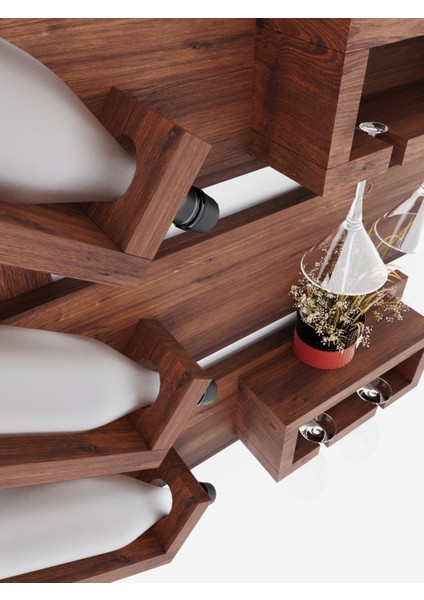 Ceviz Renkli Ahşap Duvar Şişelik ve Kadeh Rafı, Mini Bar Organizer