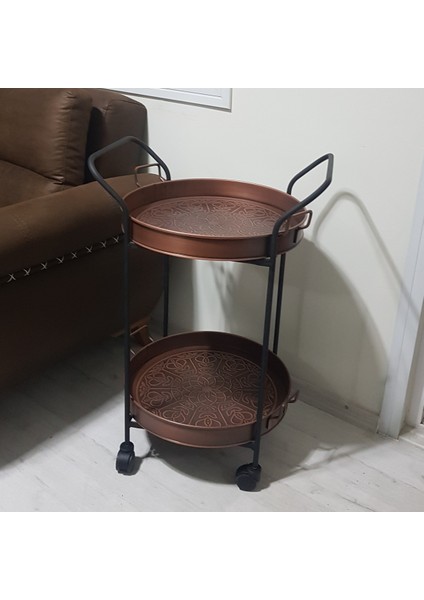 Antik Tarz Yuvarlak Bakır Servis Arabası, 45 Cm, Şık ve Kullanışlı Tasarım