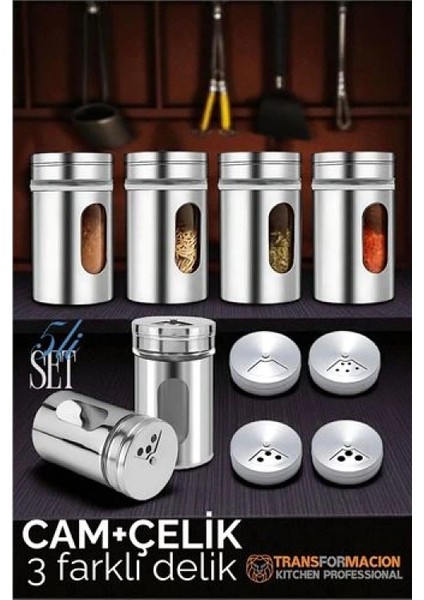 Modacar Cam+Çelik Tuzluk Biberlik Karabiberlik 3 Farklı Delikli 5 Li Set fiyatları