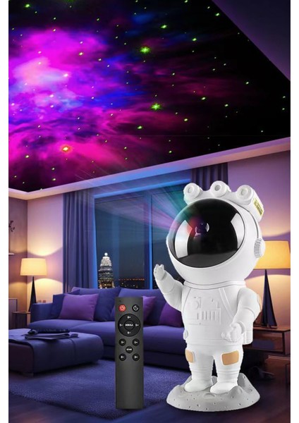 Beyaz Gökyüzü Projeksiyon Gece Lambası Çocuk Odası Kumandalı Astronot Projektör