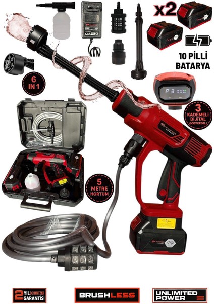 Schmıtzer 21V Brushless Motor Yüksek Basınçlı Şarjlı Oto Araba Yıkama Makinesi 3 Kademe Dijital Göstergeli