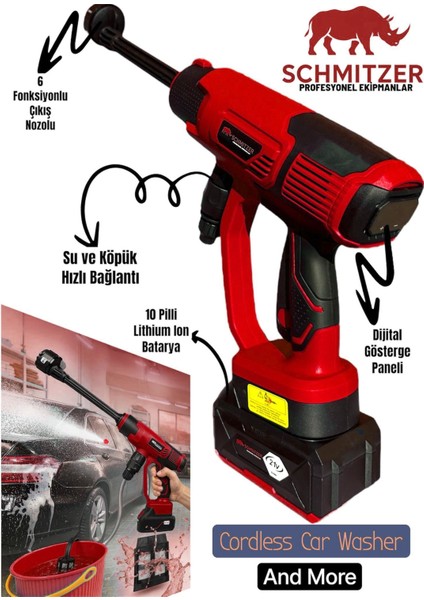 Schmıtzer 21V Brushless Motor Yüksek Basınçlı Şarjlı Oto Araba Yıkama Makinesi 3 Kademe Dijital Göstergeli fiyatları