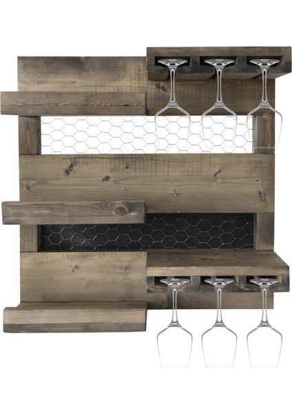Masif Ahşap Duvara Monteli Şarap ve Içecek Rafı, Kadeh Tutucu WDN014