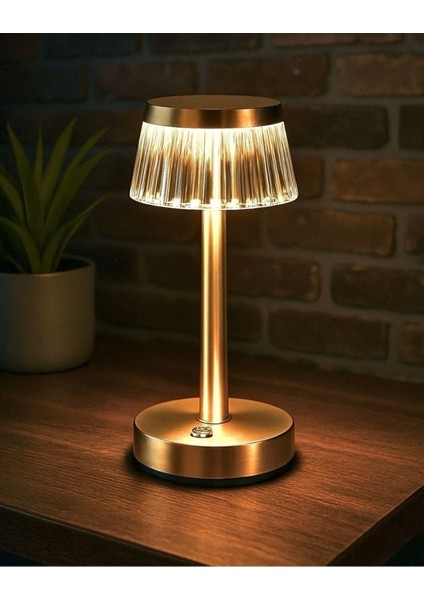 Dokunmatik Şarjlı Masa Lambası, 3 Renk Işık, Gold, Şık ve Fonksiyonel Tasarım