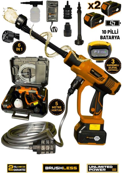 Schmıtzer 21V Brushless Motor Yüksek Basınçlı Şarjlı Oto Araba Yıkama Makinesi 3 Kademe Dijital Göstergeli