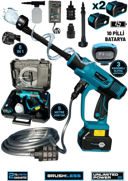 Schmıtzer 21V Brushless Motor Yüksek Basınçlı Şarjlı Oto Araba Yıkama Makinesi 3 Kademe Dijital Göstergeli