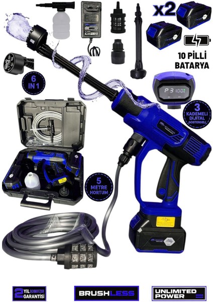 Schmıtzer 21V Brushless Motor Yüksek Basınçlı Şarjlı Oto Araba Yıkama Makinesi 3 Kademe Dijital Göstergeli