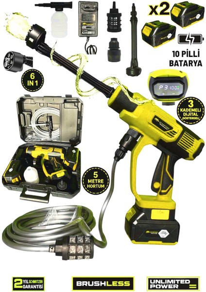 Schmıtzer 21V Brushless Motor Yüksek Basınçlı Şarjlı Oto Araba Yıkama Makinesi 3 Kademe Dijital Göstergeli