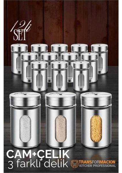 Modacar Cam+Çelik Tuzluk Biberlik Karabiberlik 3 Farklı Delikli 12 Li Set fiyatları