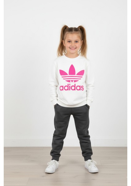 Pembe Logolu Beyaz Çocuk Sweatshirt (9-12 Yaş)