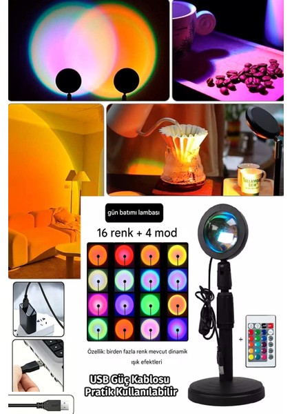 USB ile Kumandalı 16 Renkli Gün Batımı Romantik Dekoratif Projektör Lambası