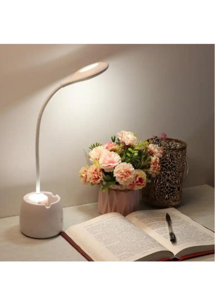 Beyaz LED Slim Şarjlı Masa Lambası, Kalemlik ve Telefon Tutacaklı, Esnek Okuma Işığı