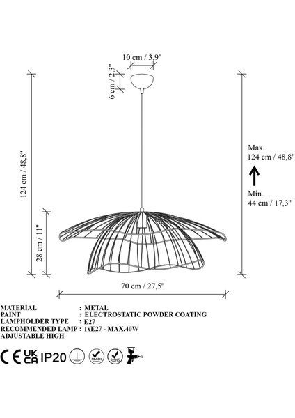 Mantar Büyük Tekli Tel Sarkıt Avize Siyah, Sarkıt Lamba Aydınlatma MANTAR-6500-XL