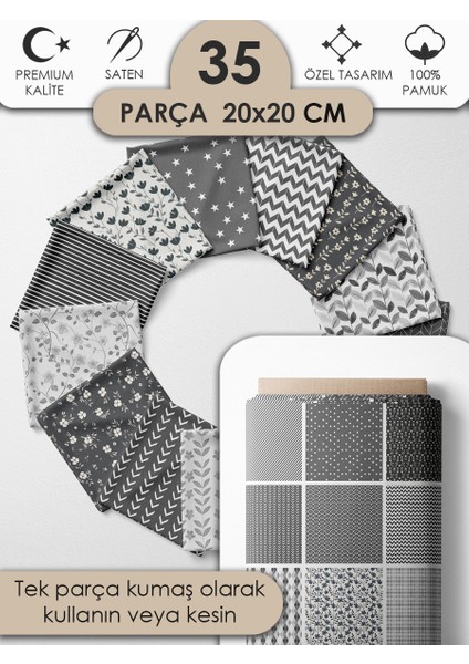 Patchwork Kumaş Seti – 35 Desen 20X20 cm | %100 Pamuk Saten | Tek Parça Kumaş | Dikiş, El Işi ve Quilting Için Özel Tasarım
