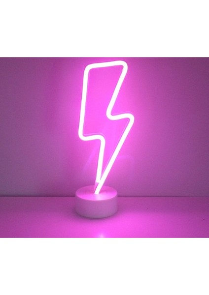 Pembe Yıldırım Şimşek Şeklinde USB ve Pilli Neon Masa Lambası