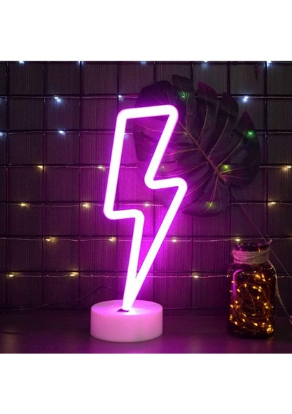 Pembe Yıldırım Şimşek Şeklinde USB ve Pilli Neon Masa Lambası fırsatları