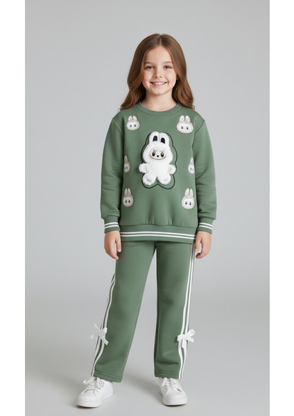 3 Iplik Şardonlu Labubu Oyuncaklı ve Kurdeleli Pembe Kız Çocuk Eşofman Takımı