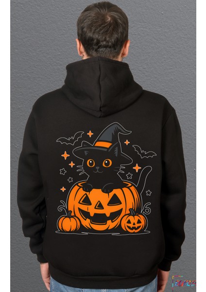 Halloween Kedi Bal Kabağı Pumpkin Sweetshirt Unisex Kapüşonlu Hoodie