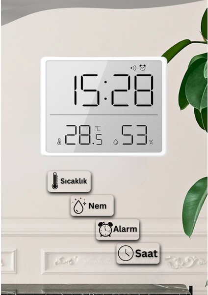 Beyaz Dijital Duvar Saati, Termometre, Nem Ölçer, Alarm, LCD Ekran, Masa ve Duvara Takılır