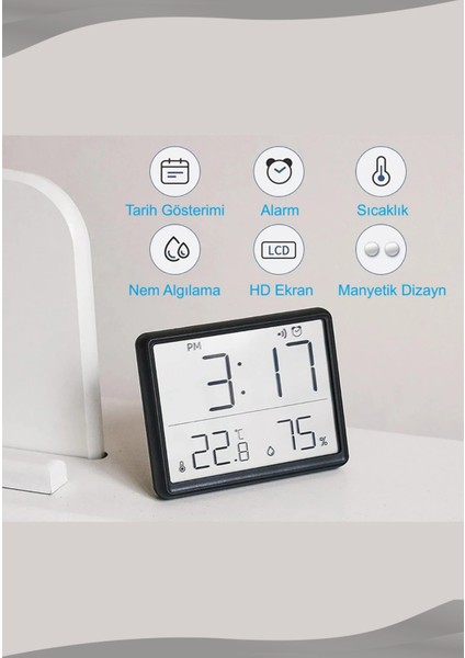 Beyaz Dijital Duvar Saati, Termometre, Nem Ölçer, Alarm, LCD Ekran, Masa ve Duvara Takılır modelleri