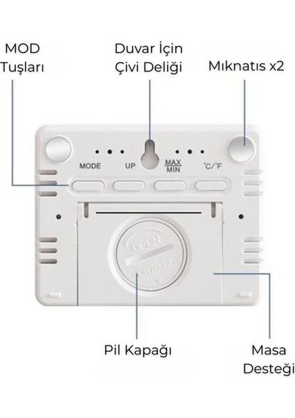 Beyaz Dijital Duvar Saati, Termometre, Nem Ölçer, Alarm, LCD Ekran, Masa ve Duvara Takılır