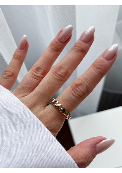 Çelik Renkli Taşlı Kalp Yüzük