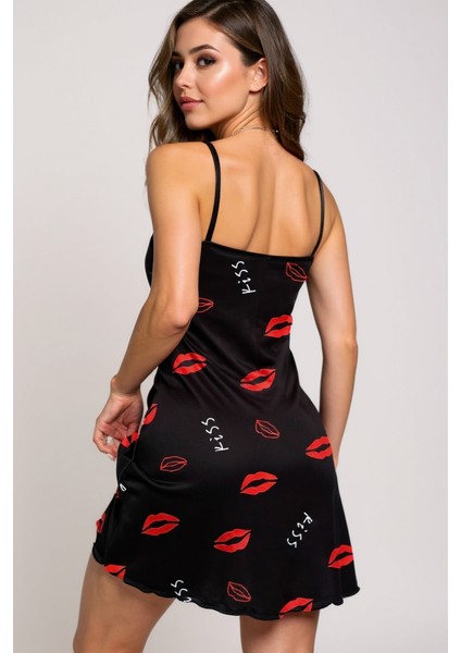 Lesca Dudak Desenli Siyah Askılı Gecelik fırsatları