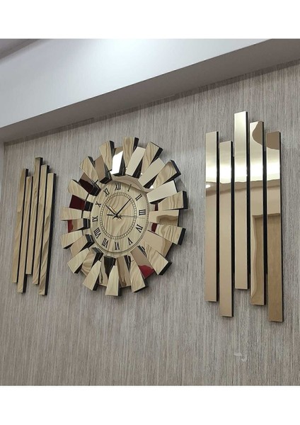 3D Aynalı Piyano Modeli, Altın Renkli Lambiri ve Roma Rakamlı 3'lü Duvar Saati