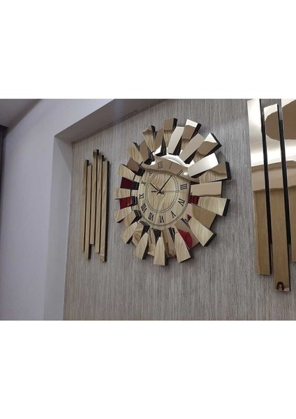 3D Aynalı Piyano Modeli, Altın Renkli Lambiri ve Roma Rakamlı 3'lü Duvar Saati