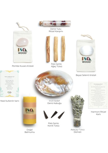 Inka Harmony Ritüel Seti – Palo Santo, Adaçayı, Pembe Kuvars, Selenit Kristali, Incili Deniz Kabuğu