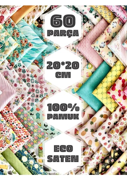 Patchwork Kumaş Seti – 60 Adet 20X20 cm | %100 Pamuk Saten | El Işi, Dikiş, Quilting ve Hobi Için