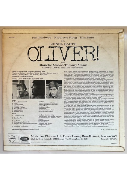 Lionel Bart With Jon Pertwee, Jim Dale, Nicolette Roeg With Geoff Love & His Orchestra Oliver With Cast Lp Plak (Orijinal Dönem Baskı) fiyatları