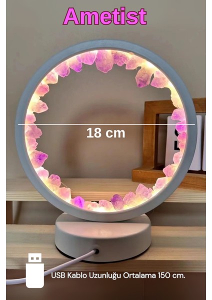 Doğal Ametist Yuvarlak Taş Lamba, Sertifikalı, Şık ve Enerjik Dekor Ürünü.