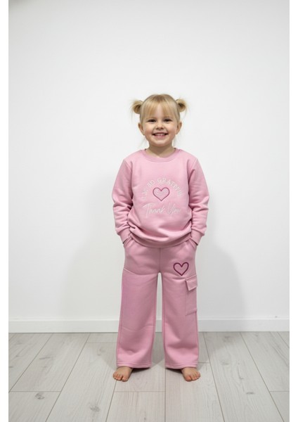 Kalp Nakışlı Pembe Geniş Paça Çocuk Eşofman Takımı (3-10 Yaş)