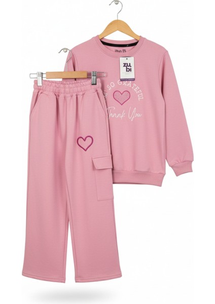 Kalp Nakışlı Pembe Geniş Paça Çocuk Eşofman Takımı (3-10 Yaş) modelleri
