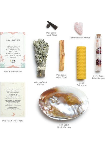 Inka Heart Ritüel Seti – Pembe Kuvars, Palo Santo, Adaçayı, Deniz Tuzu, Balmumu