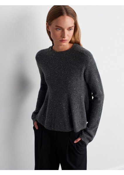 10832 Peplum Parıltılı Triko Kazak-Füme