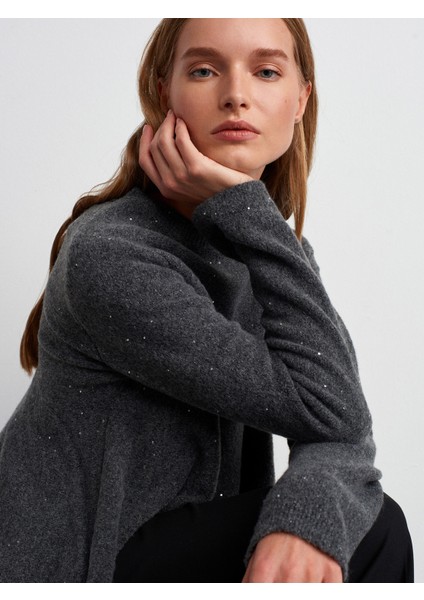 10832 Peplum Parıltılı Triko Kazak-Füme modelleri