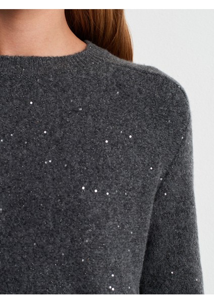 10832 Peplum Parıltılı Triko Kazak-Füme fırsatları