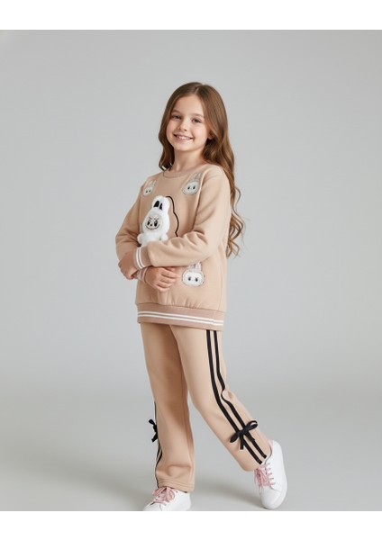 3 Iplik Şardonlu Labubu Oyuncaklı ve Kurdeleli Pembe Kız Çocuk Eşofman Takımı
